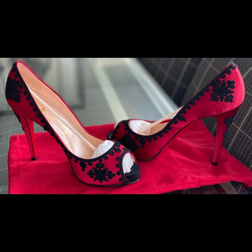 Christian Louboutin Red/Black Satin Heels - Picture 12 of 13